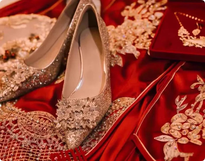 Xiuhe champagne bridal shoes with pointed toe, rhinestone decoration, and fragmented flowers pattern