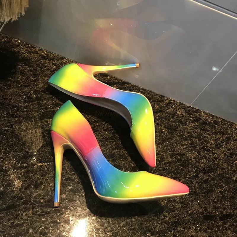 Rainbow patent leather women's stiletto heels with pointed toe in 10cm and 12cm heel height options