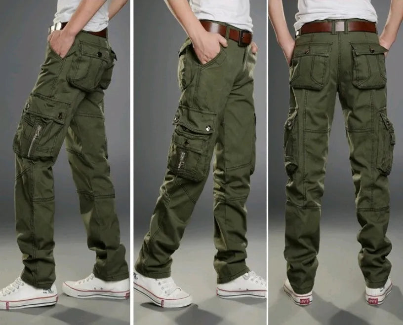 Men's cotton multi-pocket overalls in army green, straight-leg casual trousers for outdoor sports