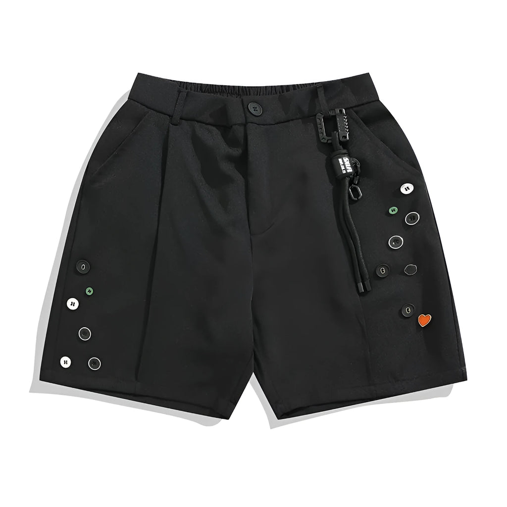 Black loose-fit semi-elastic shorts with button and zipper closure on a mid-rise waist