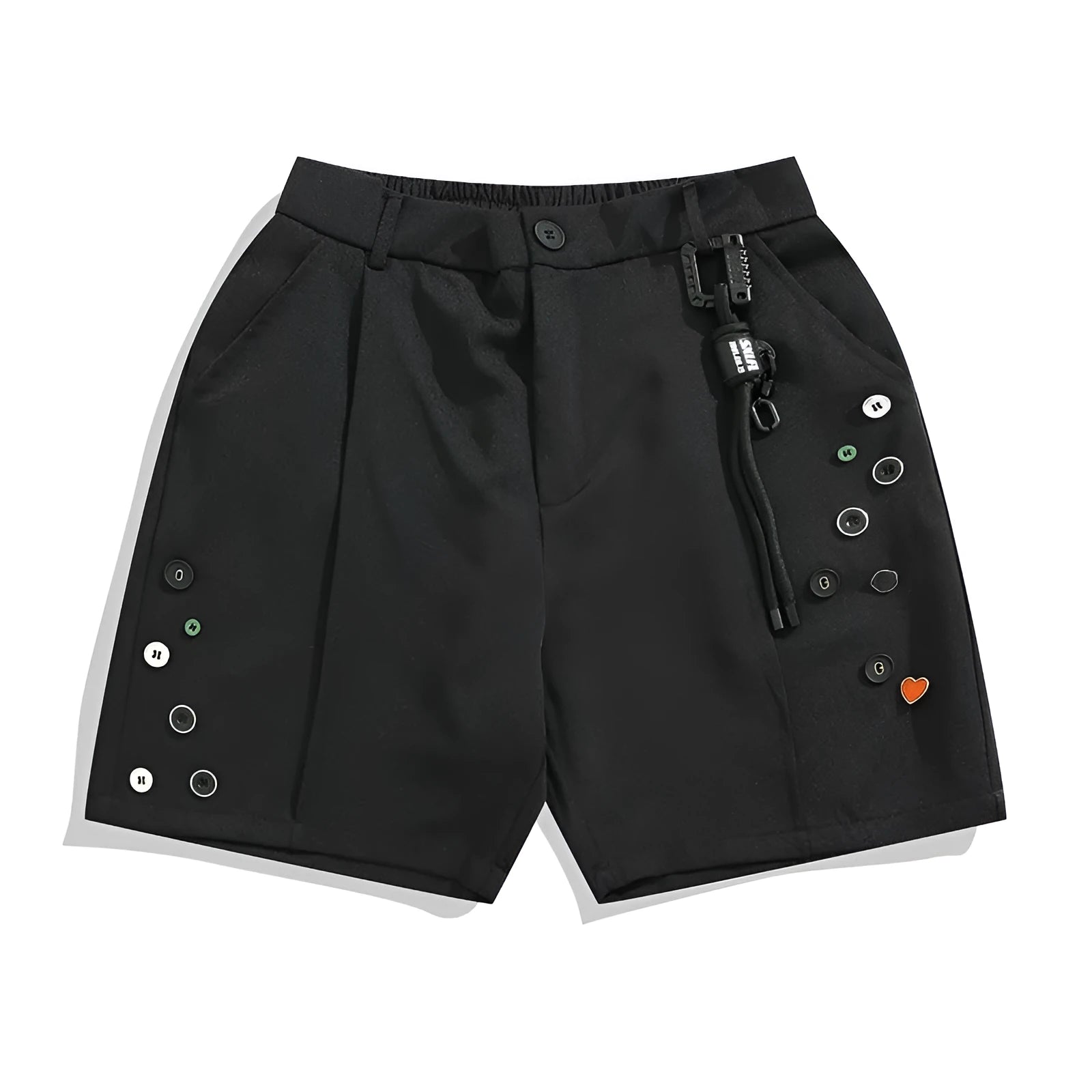 Black loose-fit semi-elastic shorts with button and zipper closure on a mid-rise waist