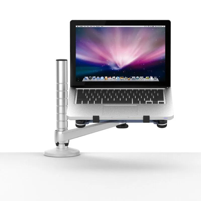 OA-1 aluminium alloy laptop stand with height adjustable arm and rotating platform on a desk