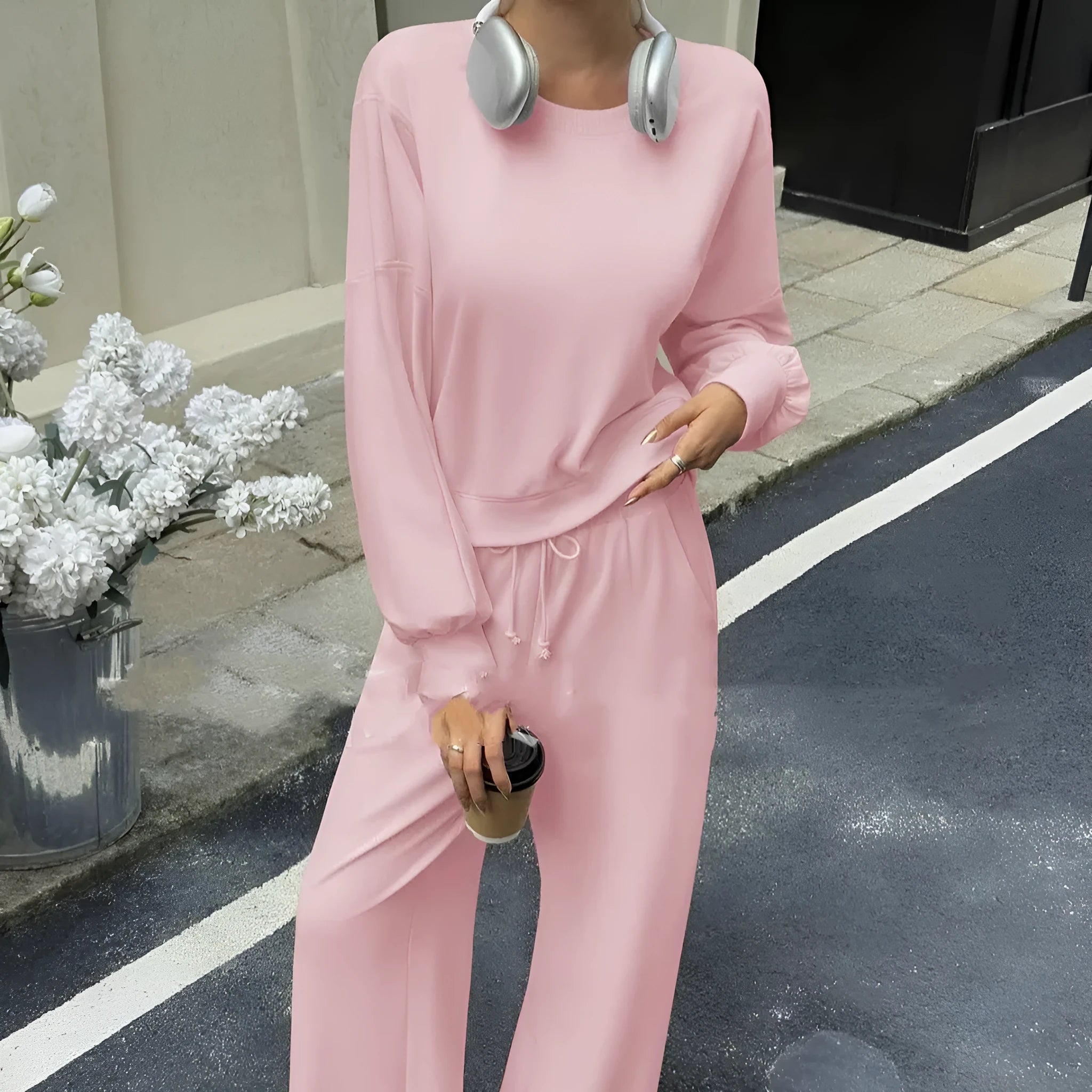 Women's solid colour long sleeve top and trousers two-piece casual set