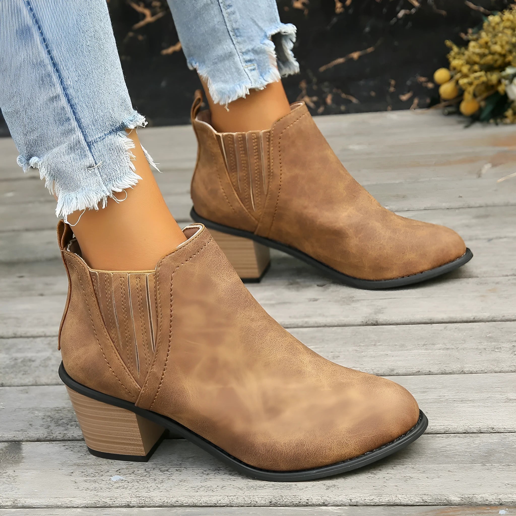Women's black slip-on ankle boots with pointed toe and thick square heel for autumn winter wear