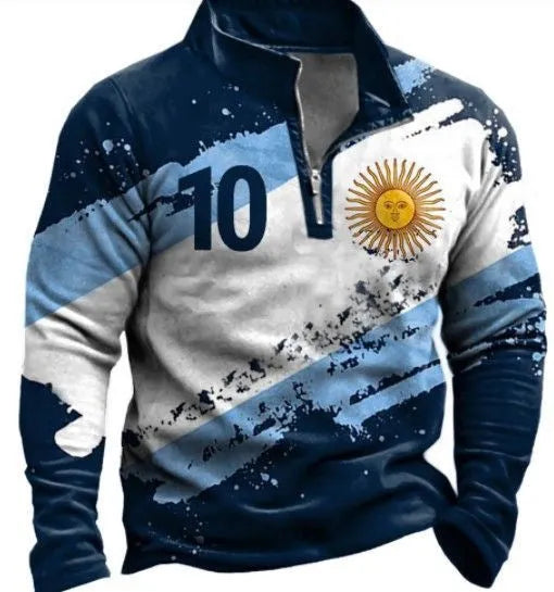 Man wearing a loose-fit long sleeve t-shirt with retro stripe print and zipper details, suitable for golf.