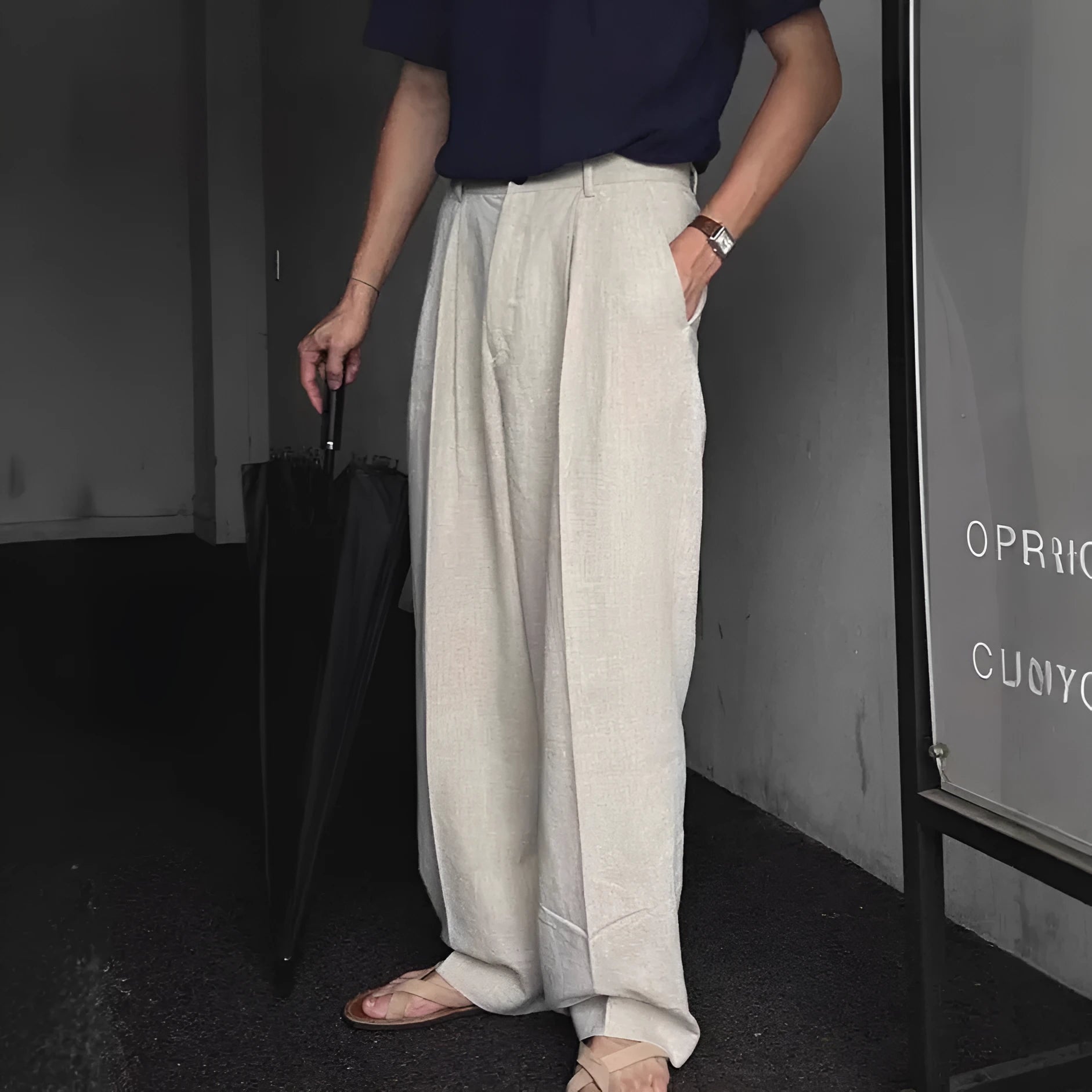 Men's cotton linen blend wide leg trousers in apricot, army green or purplish blue with micro-elastic waistband