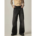 Black loose straight cut retro jeans with zipper fly on mannequin showing full silhouette