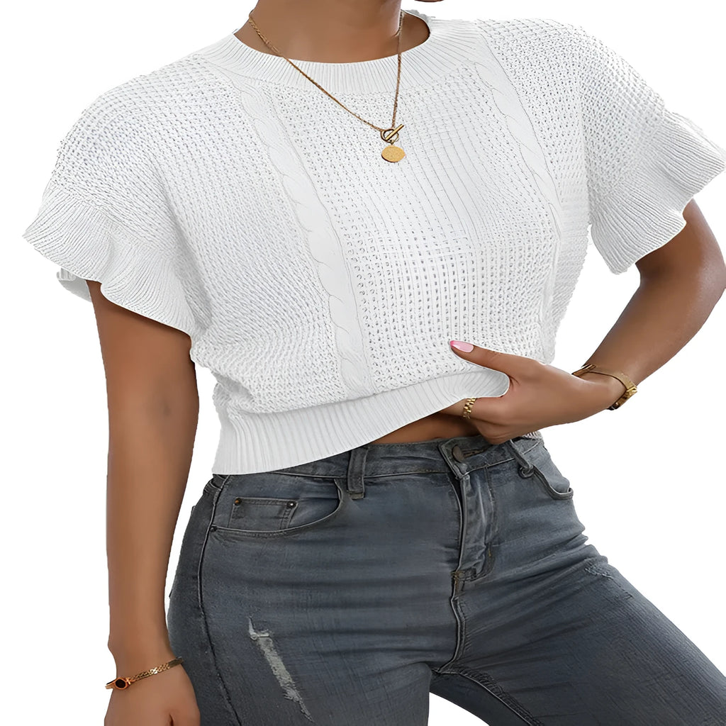 Women's loose fit knitted pullover with ruffled short sleeves and twisted string texture