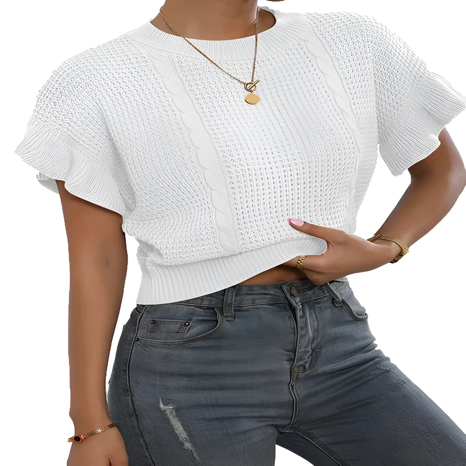 Women's loose fit knitted pullover with ruffled short sleeves and twisted string texture