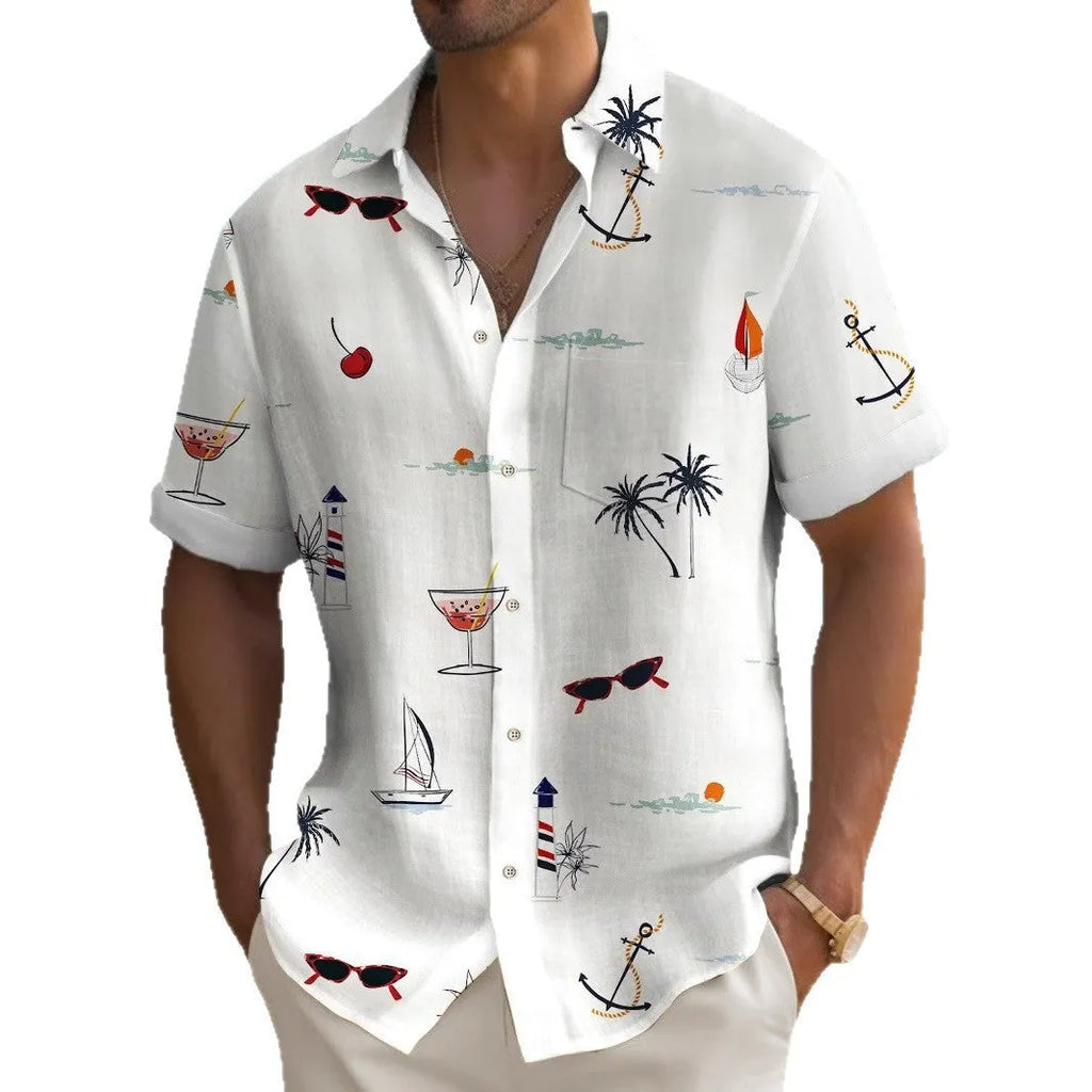 Men's loose fit Hawaiian shirt with digital printed pattern, short sleeves, available in multiple colours