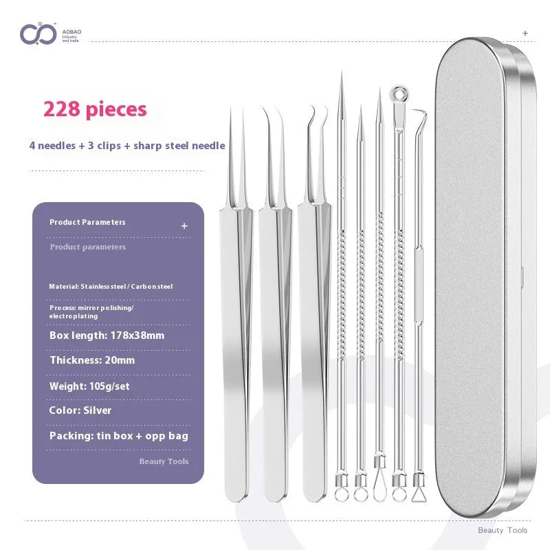 Set of four silver metal acne needles with pointed tips on a white background.