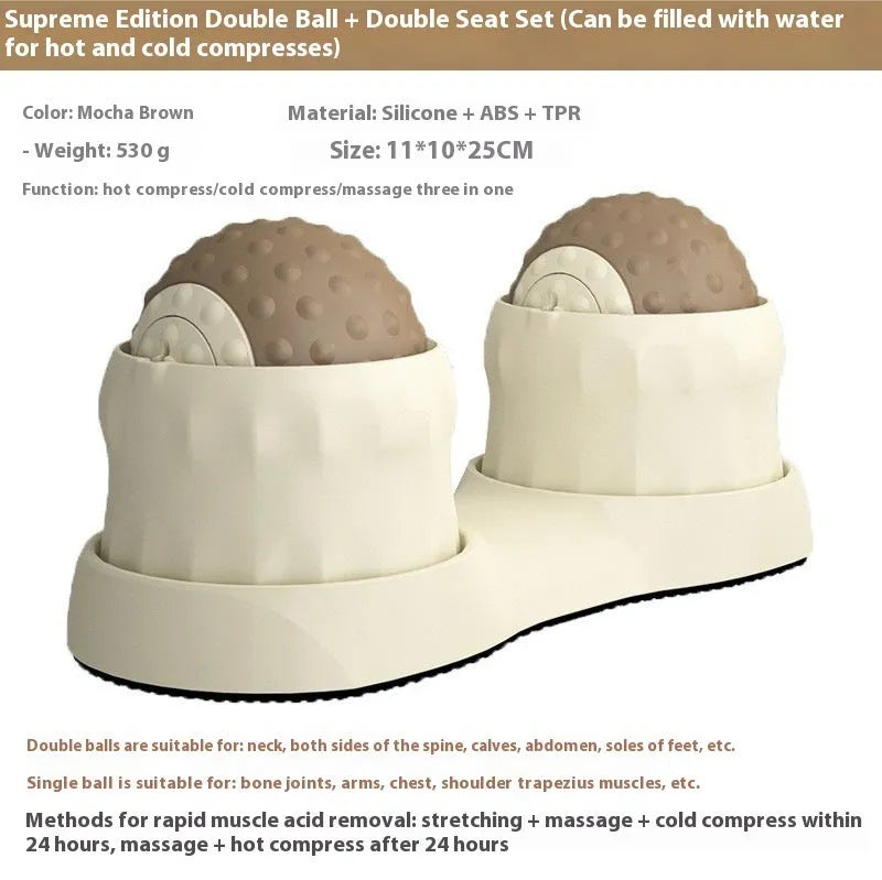 Massage ball set with hot cold therapy compress in green and mocha colours for muscle relaxation