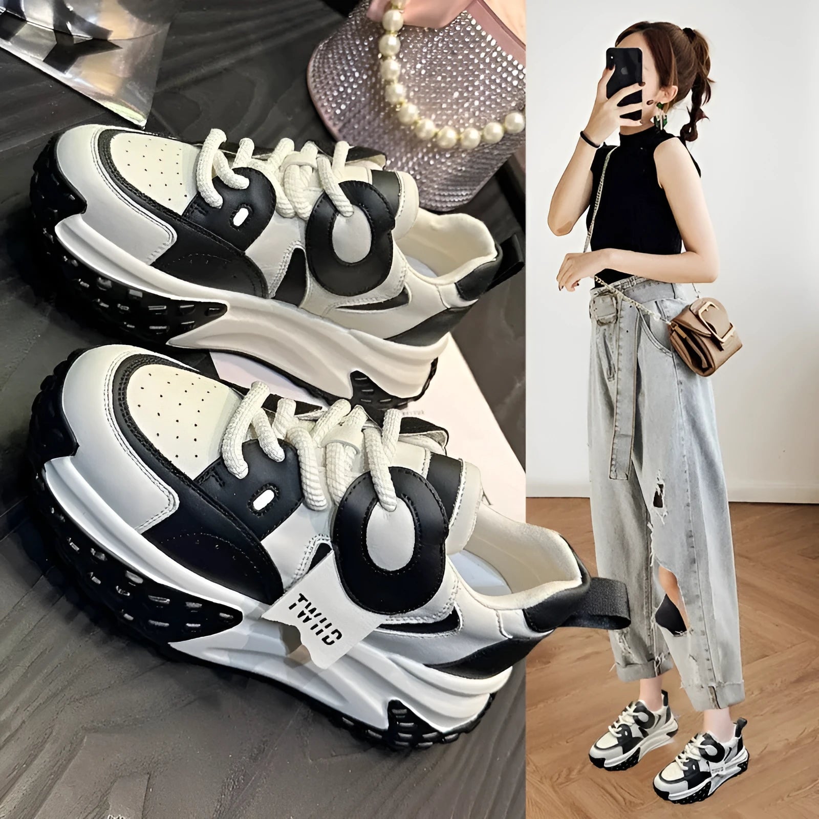 Leather sports casual shoes with thick rubber soles and wedge heel in four colour options
