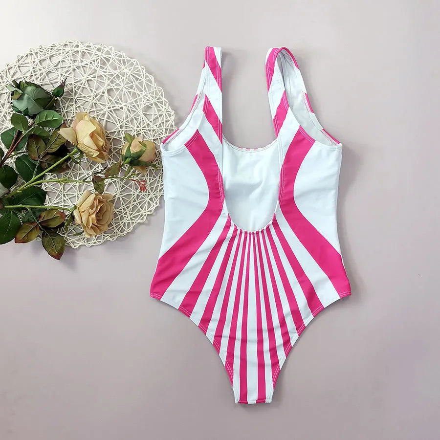 Pink striped one-piece swimsuit for women with digital print front and back.