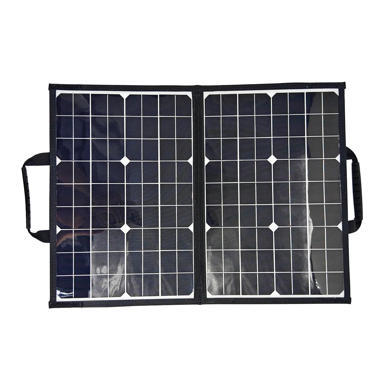 Black 40W monocrystalline solar panel folded in carrying bag showing compact 425mm size