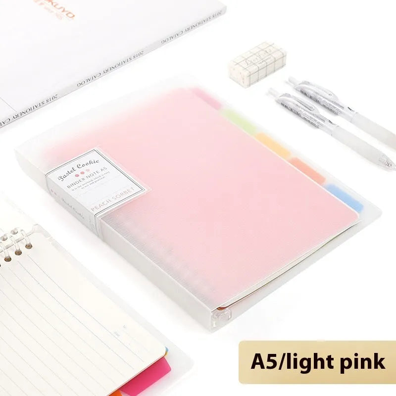 Refillable loose spiral notebook with PP cover in pastel cookie design, A5 and B5 size options shown