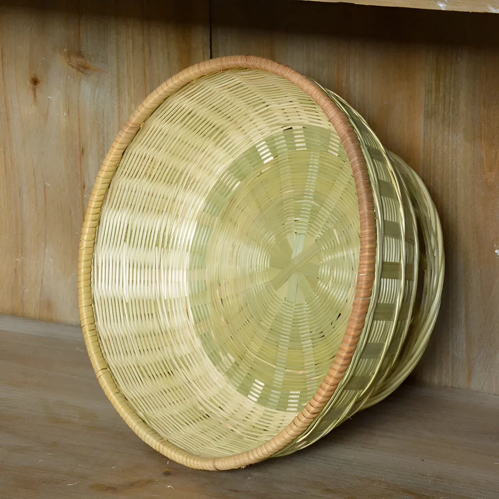 Handmade woven bamboo storage basket in natural colour with open top design