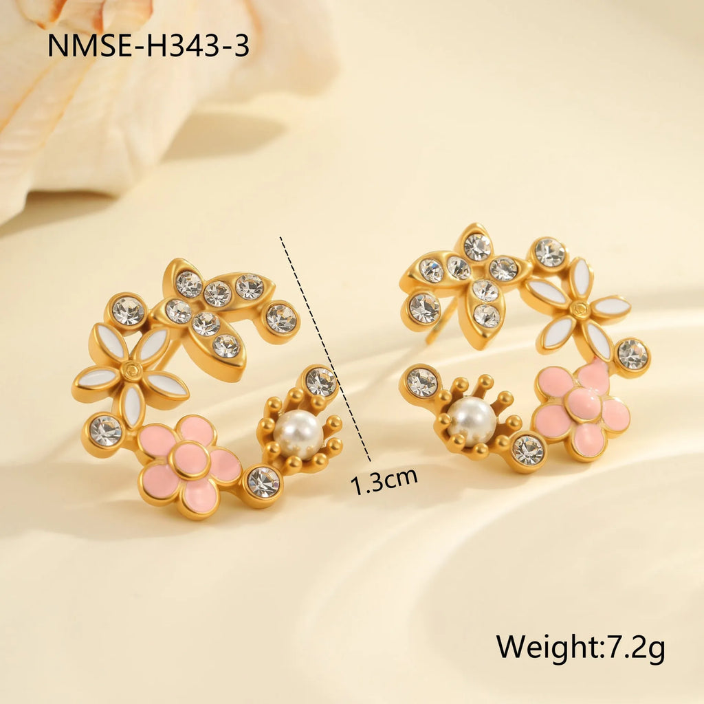 Colourful flower stud earrings with petal design on stainless steel with 18K electroplated finish