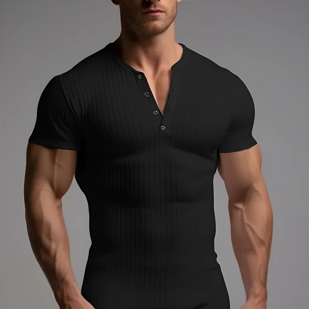 Men's slim-fitting sports T-shirt in polyester available in five colours with muscle emphasis design