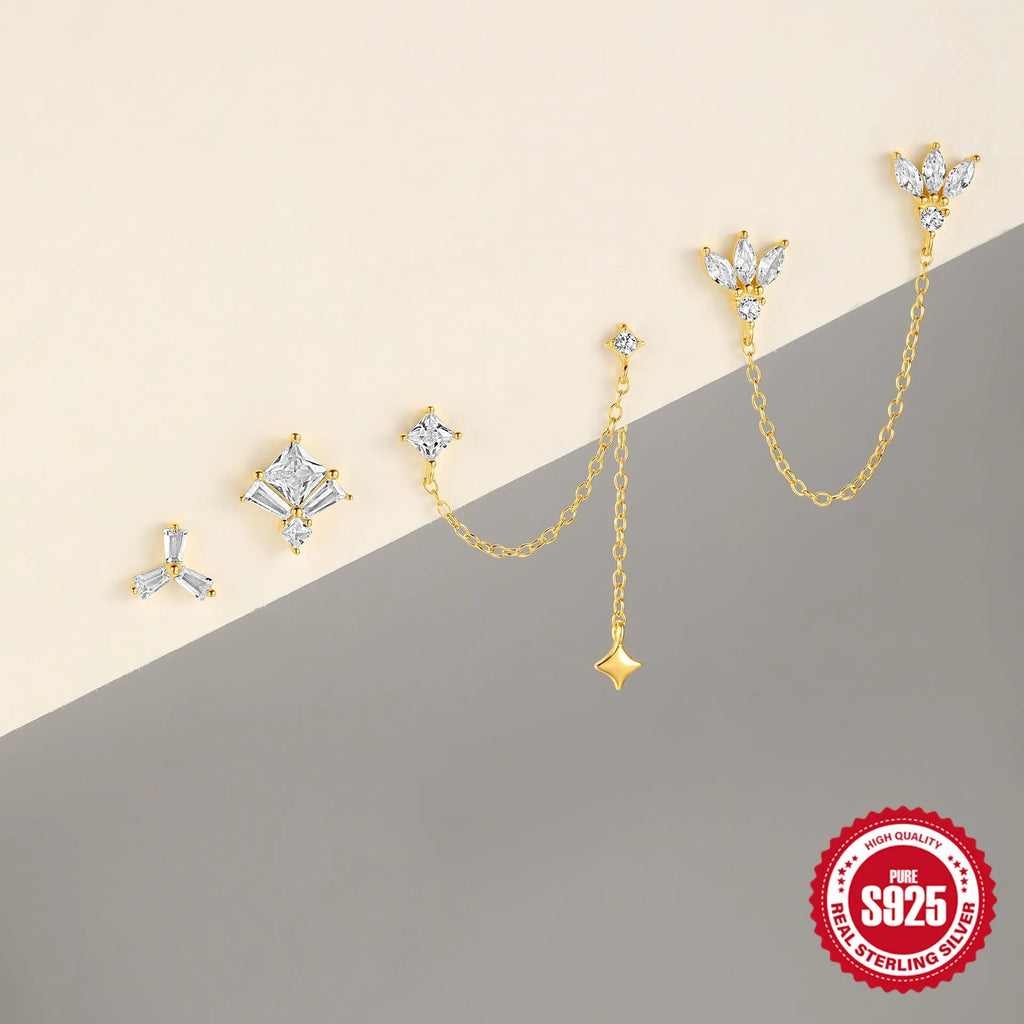 S925 sterling silver zircon stud earrings in golden geometric designs including clover, crown and chain styles
