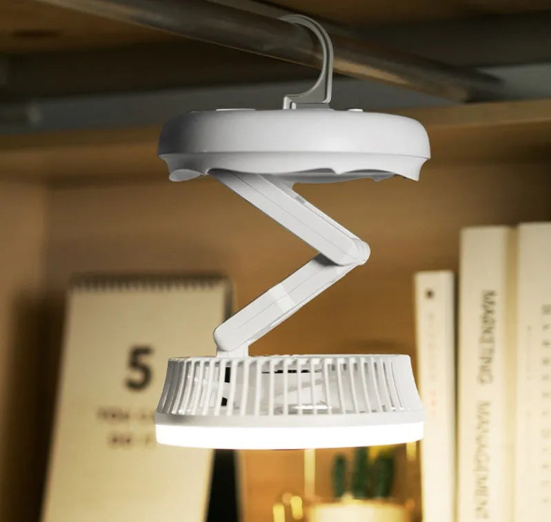 Blue or grey foldable USB desk fan with LED light showing wall mount and ceiling hanging options