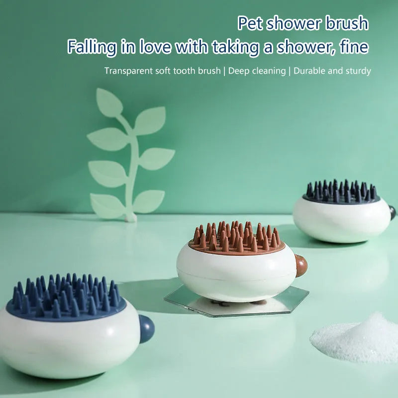 Panda-shaped silicone pet shower brush with soft bristles for dog and cat bath time.