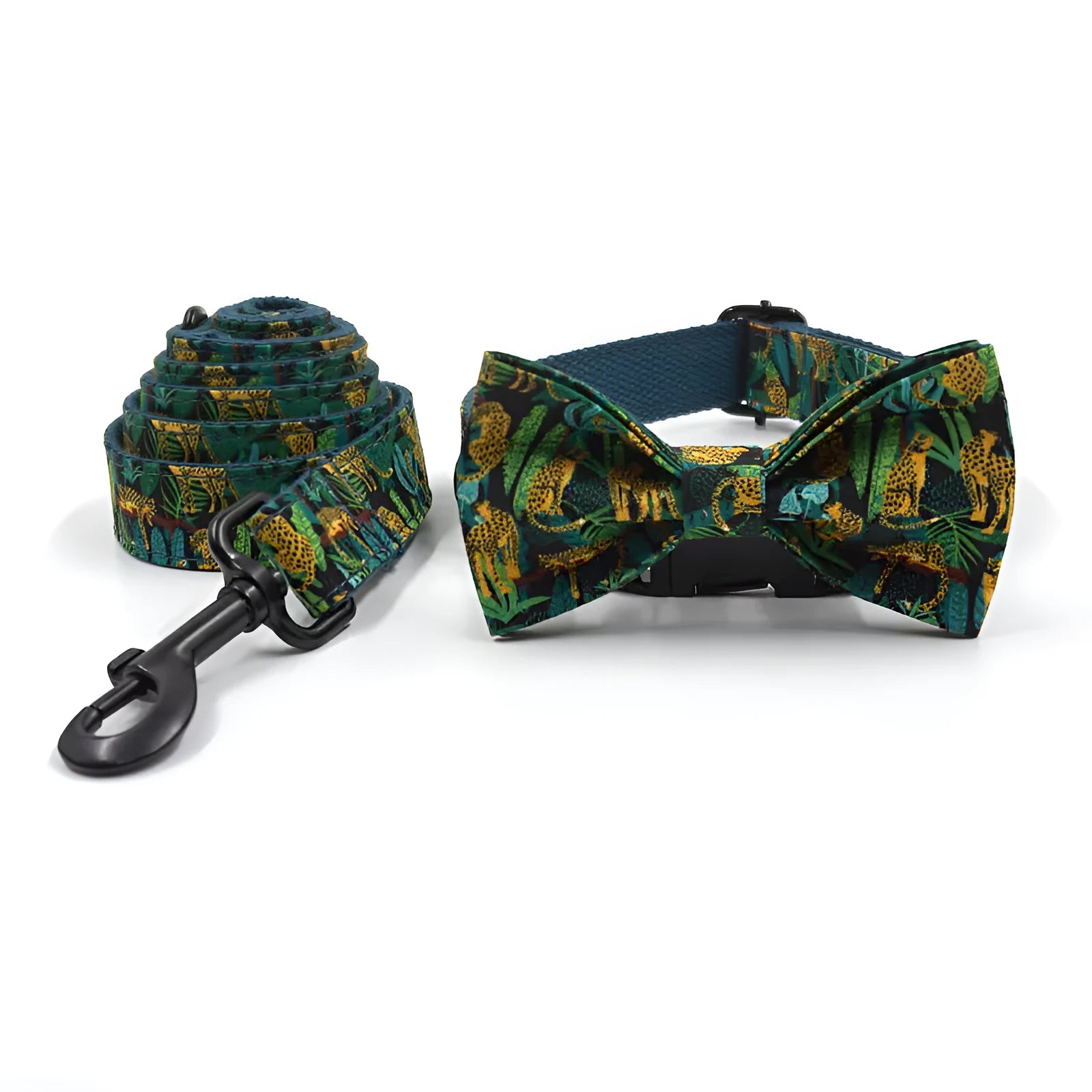 Green cloth pet collar and leash set with bowknot print on a white background showing collar and leash together