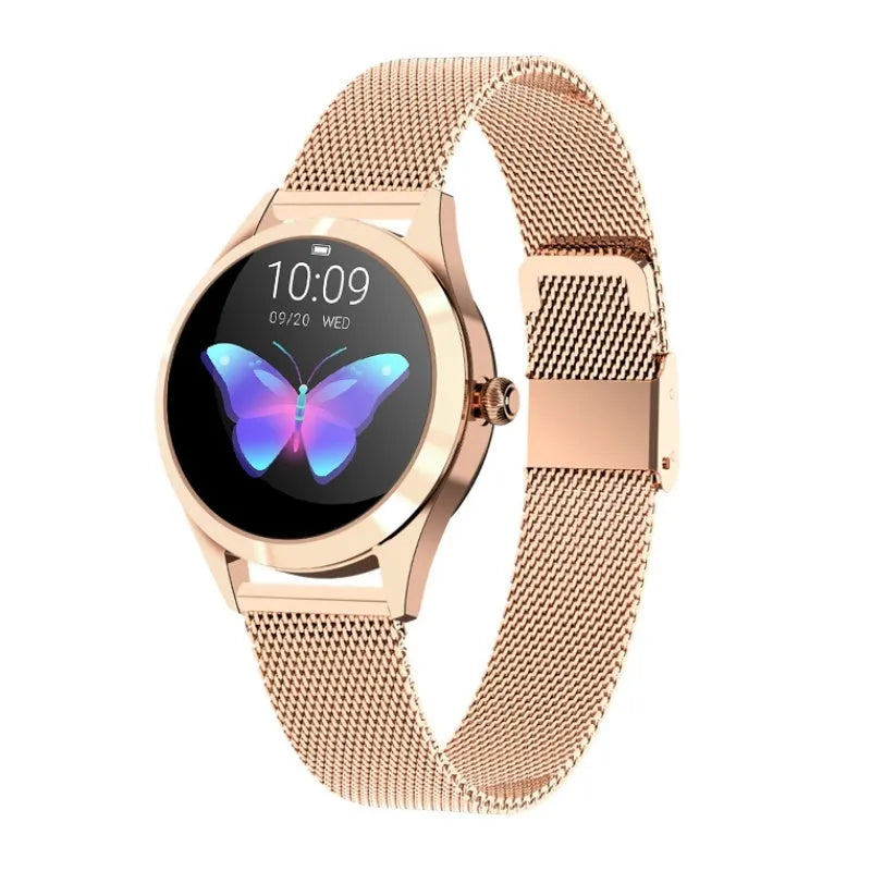 Women's multi-functional sports smartwatch showing heart rate monitoring and waterproof features