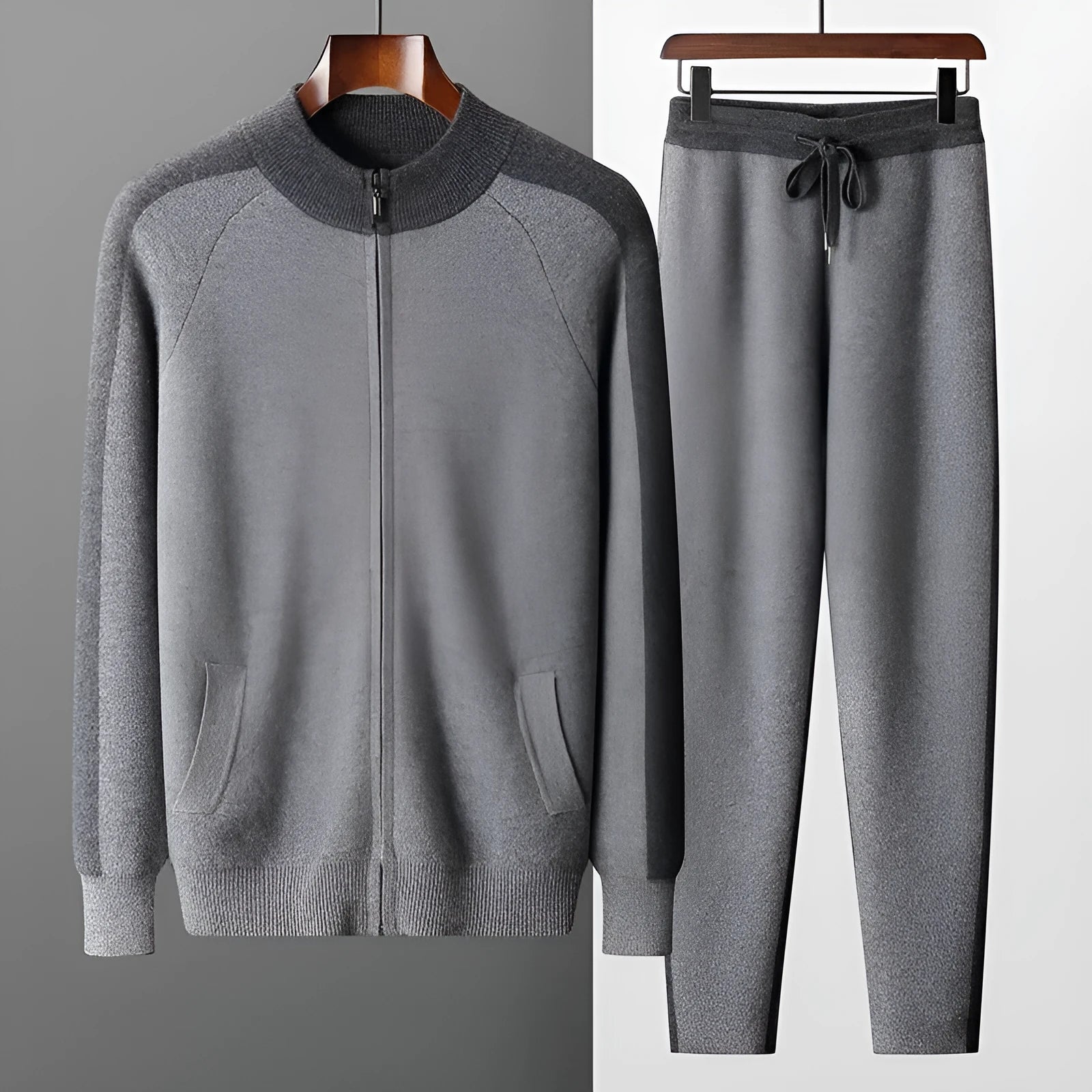 Men's camel coloured cashmere blend half turtleneck zip cardigan and trousers suit set