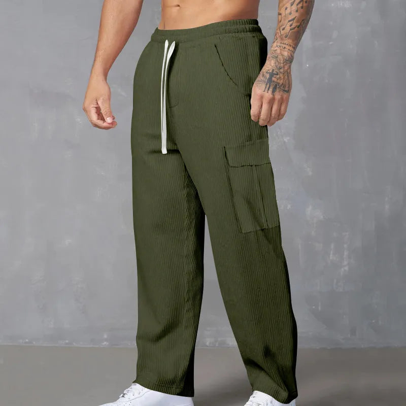 Men's corduroy cargo trousers in straight-leg design with micro-elastic waist and drawstring closure
