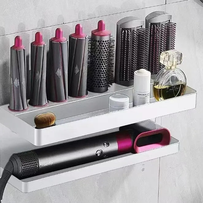 Aluminium punch-free bathroom storage rack holding hair curlers in black finish