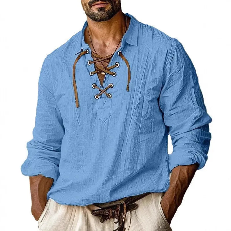 Men's plus size loose fit linen shirt with lapels and lace detail on long sleeves