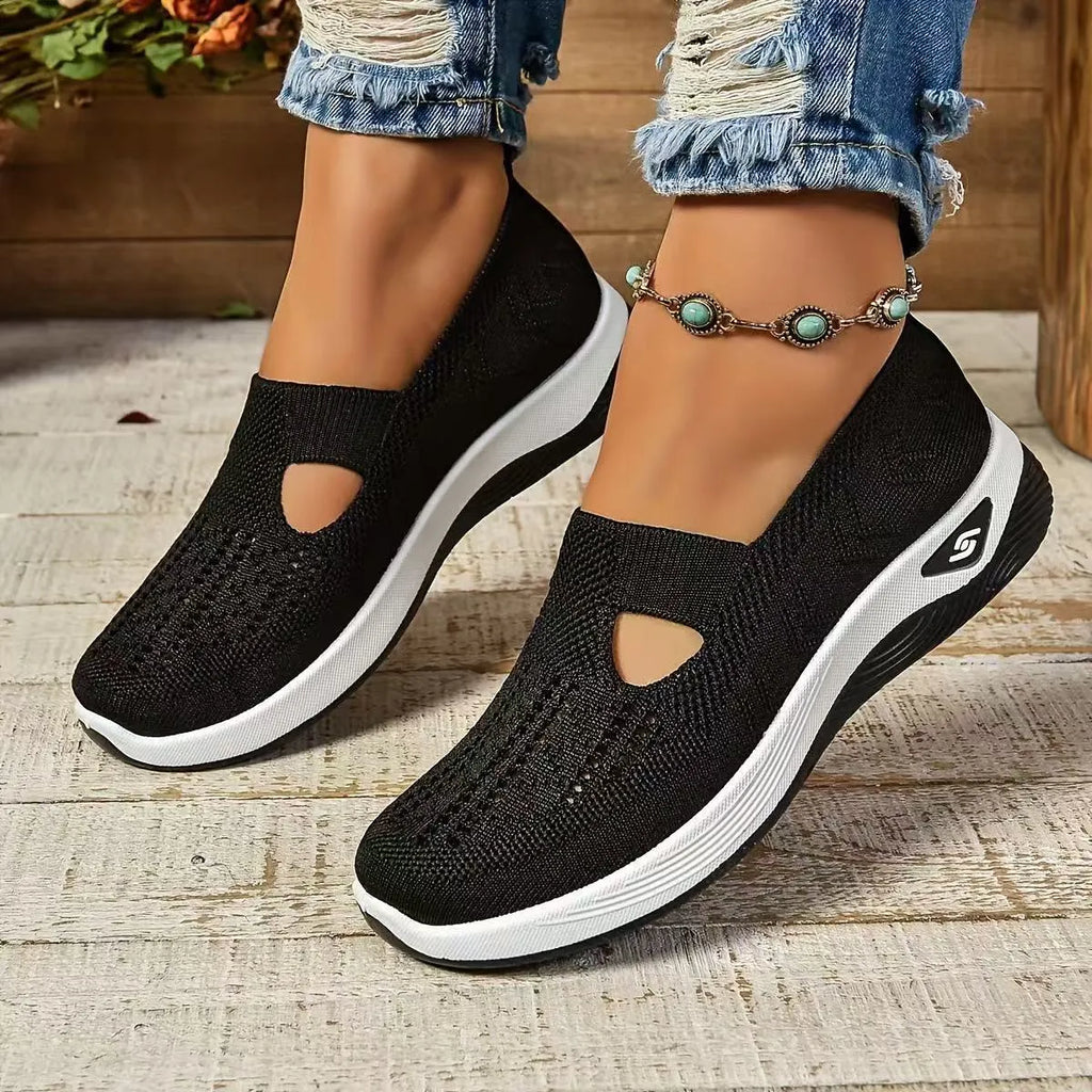 Women's casual mesh flat shoes with a T-bar strap and round toe in multiple colours.