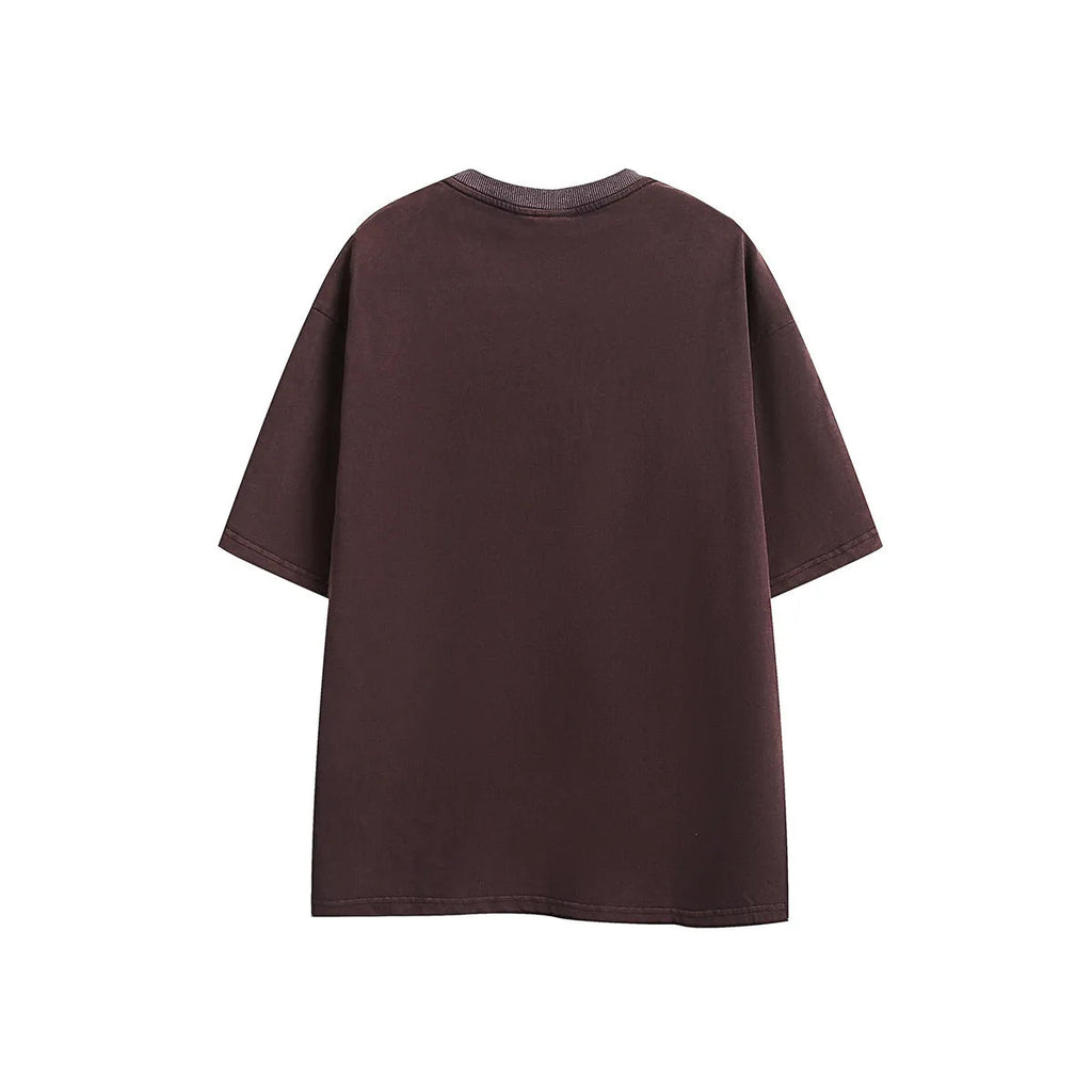 Retro embroidered washed cotton T-shirt in purple and black colours with half-sleeve design