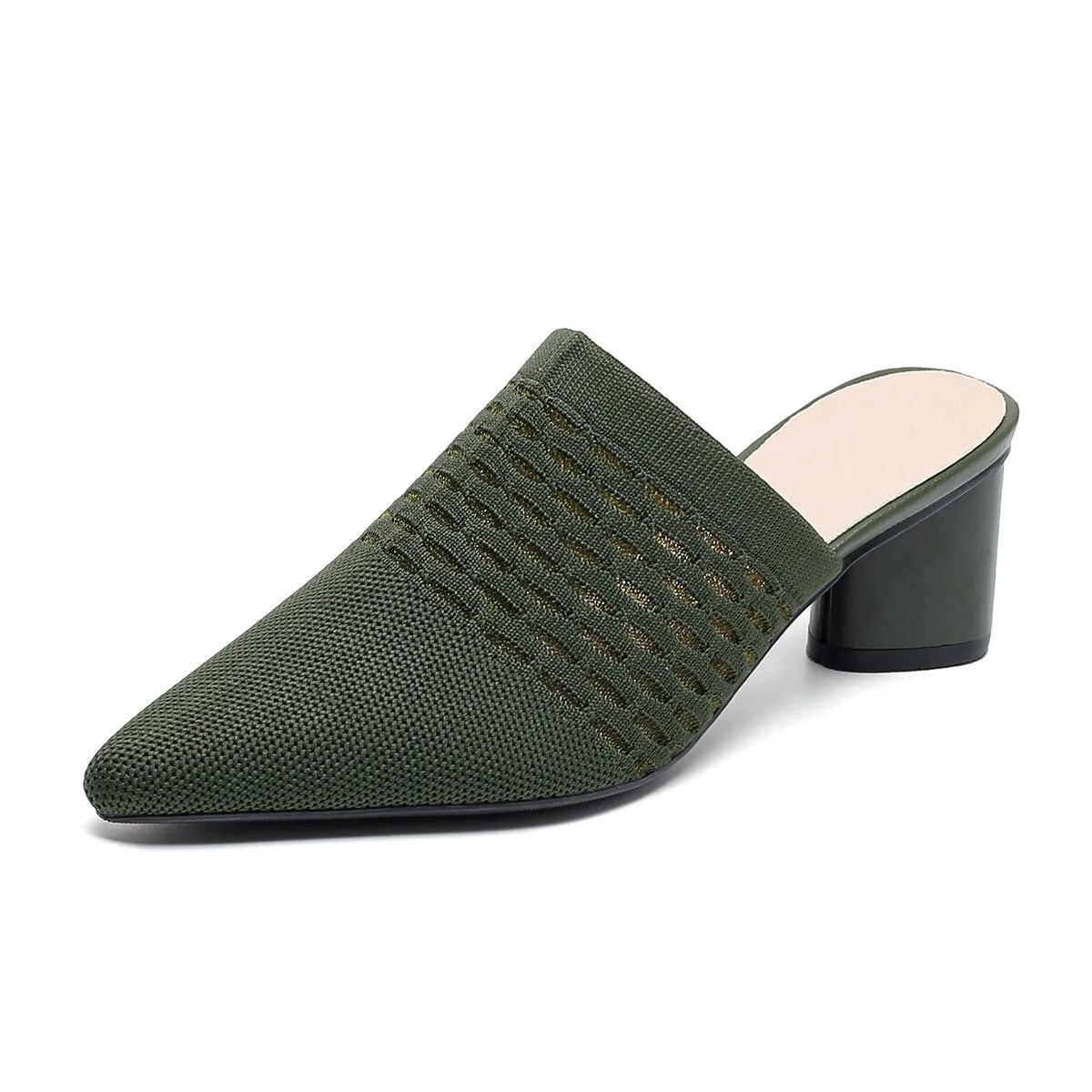 Women's black pointed toe sandals with toe cap and a 5cm chunky heel.