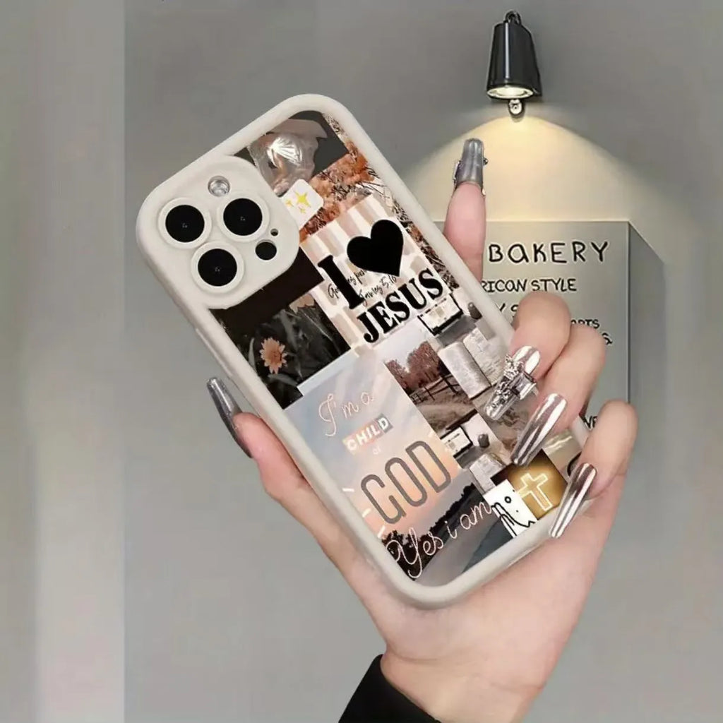 White frosted TPU phone case for Apple iPhone with poster design and built-in bracket