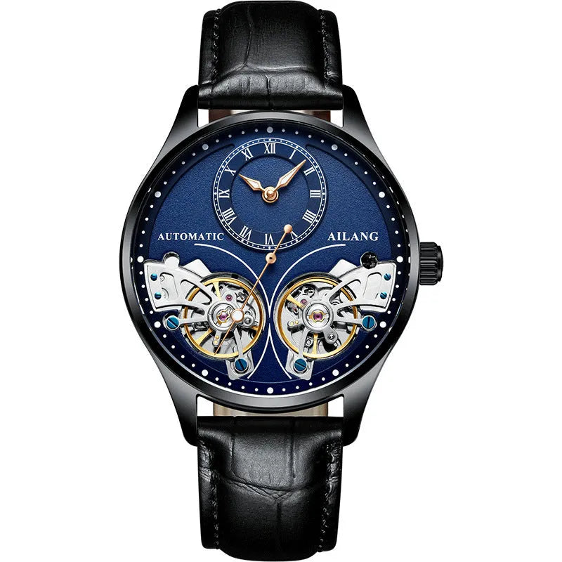 Men's automatic watch with tourbillon and moon phase complications in black steel case