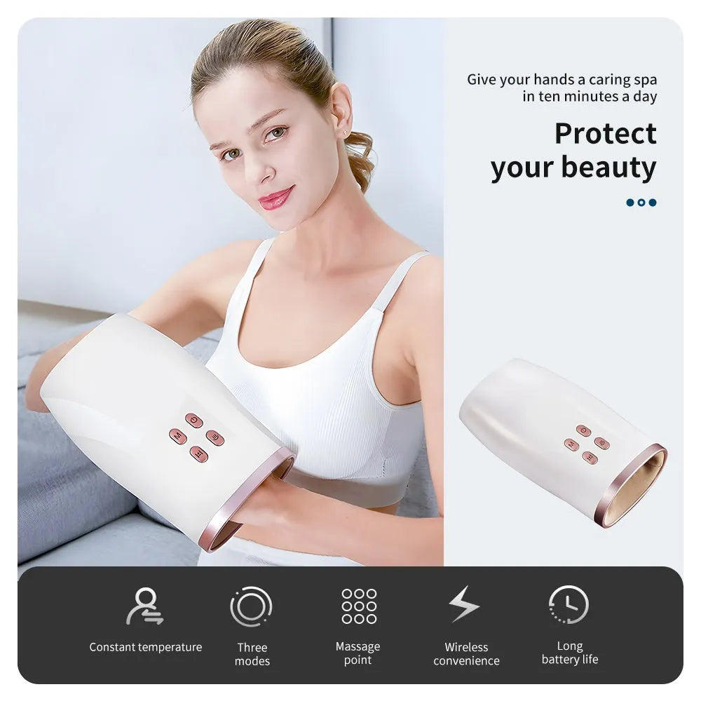 White portable hand massager with heat and air compression for hand pain relief, USB rechargeable design