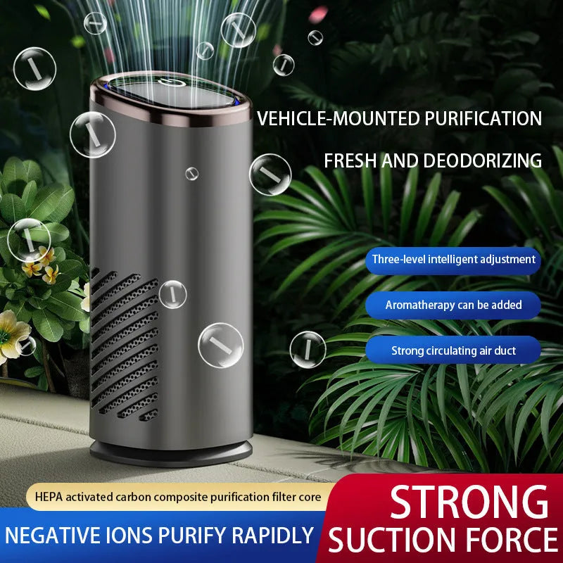 Mini portable car air purifier with anion technology, USB power, in silver, placed on a car dashboard for odour and smoke removal
