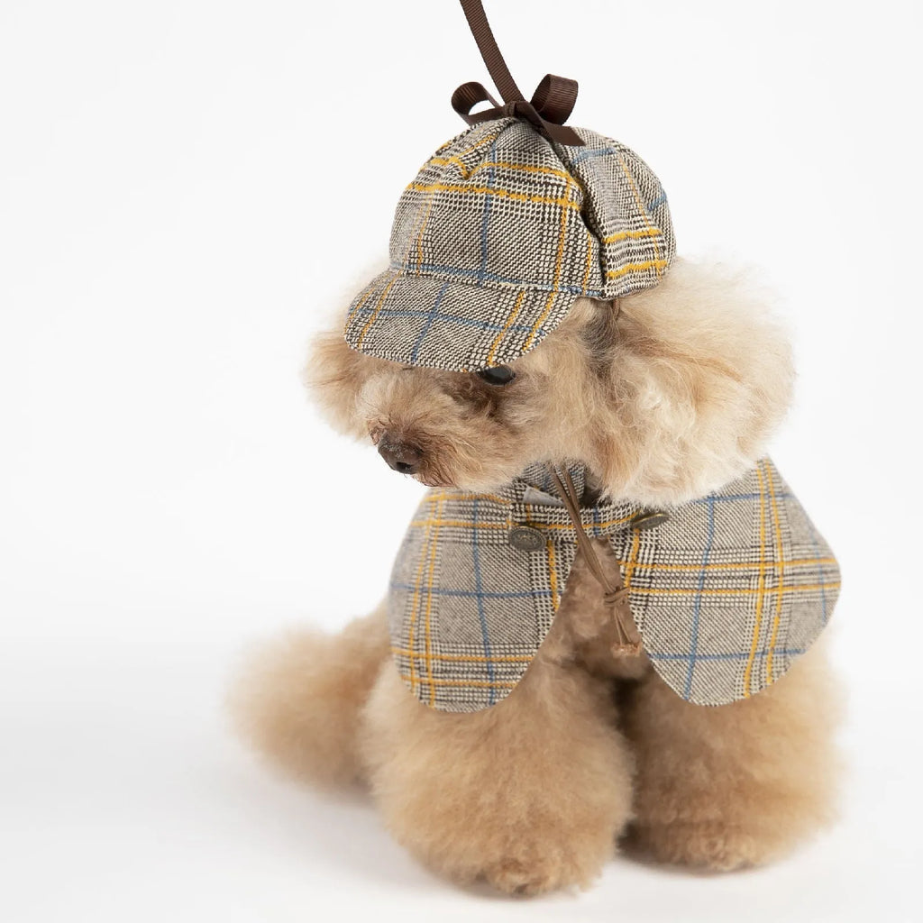 Camel coloured cotton pet cloak with adjustable hood shown in personalised spring and autumn pet clothing