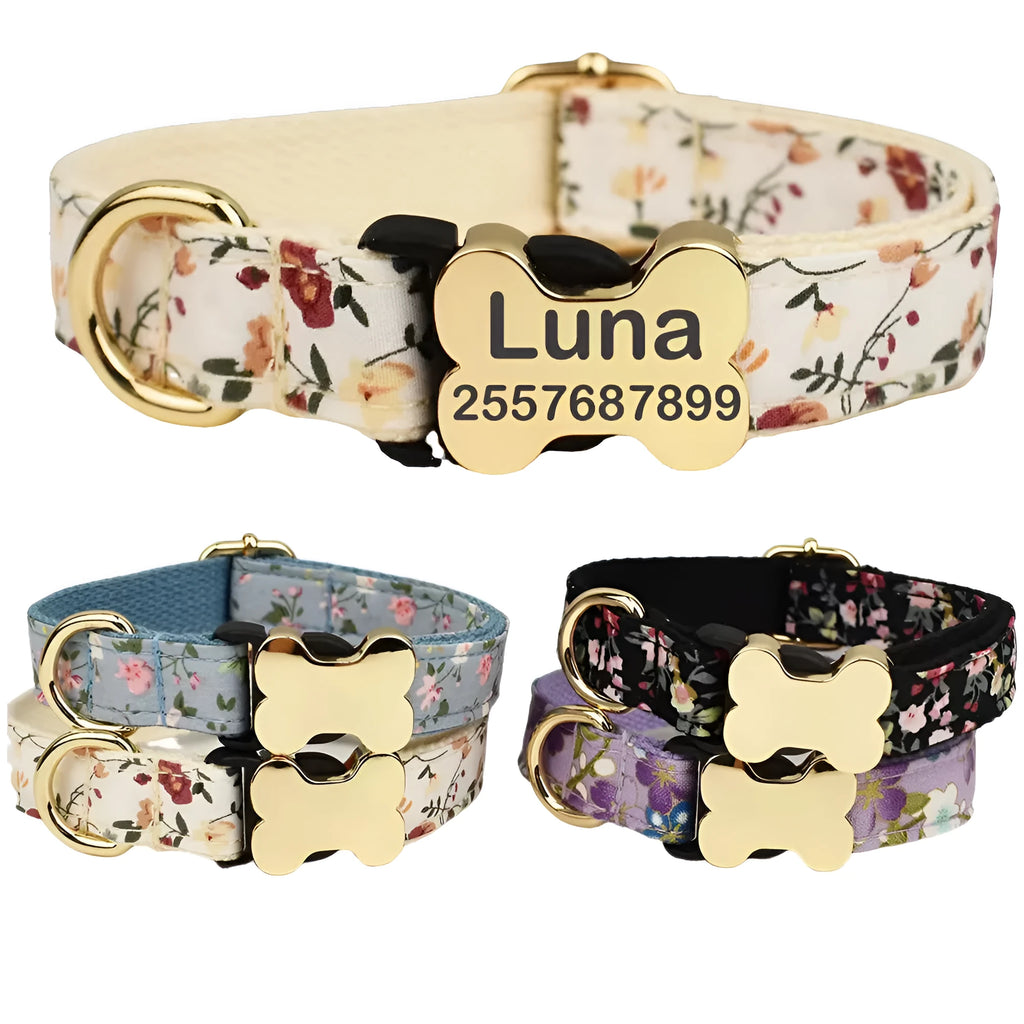 Flat nylon dog collar with a printed grid pattern and a central bone-shaped metal buckle.