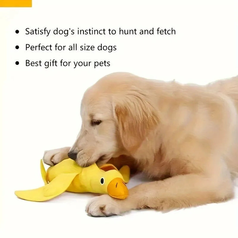 Yellow teddy dog toy with integrated duck doll, a pet training aid with sound and treat dispenser.