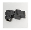 White RJ45 network cable tee splitter adapter on a dark background