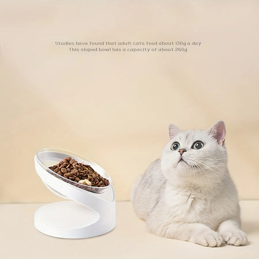 Clear plastic tilted cat food dish on a 7cm tall white plastic elevated base.