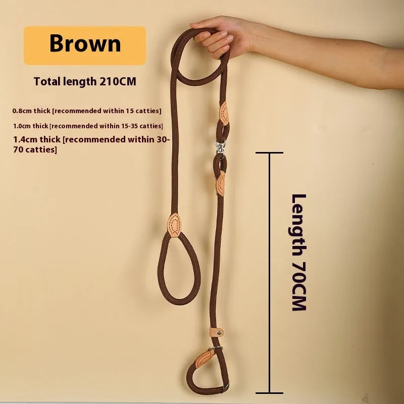 Brown nylon dog leash with metal P-chain section and rope handle measuring 2.1 metres
