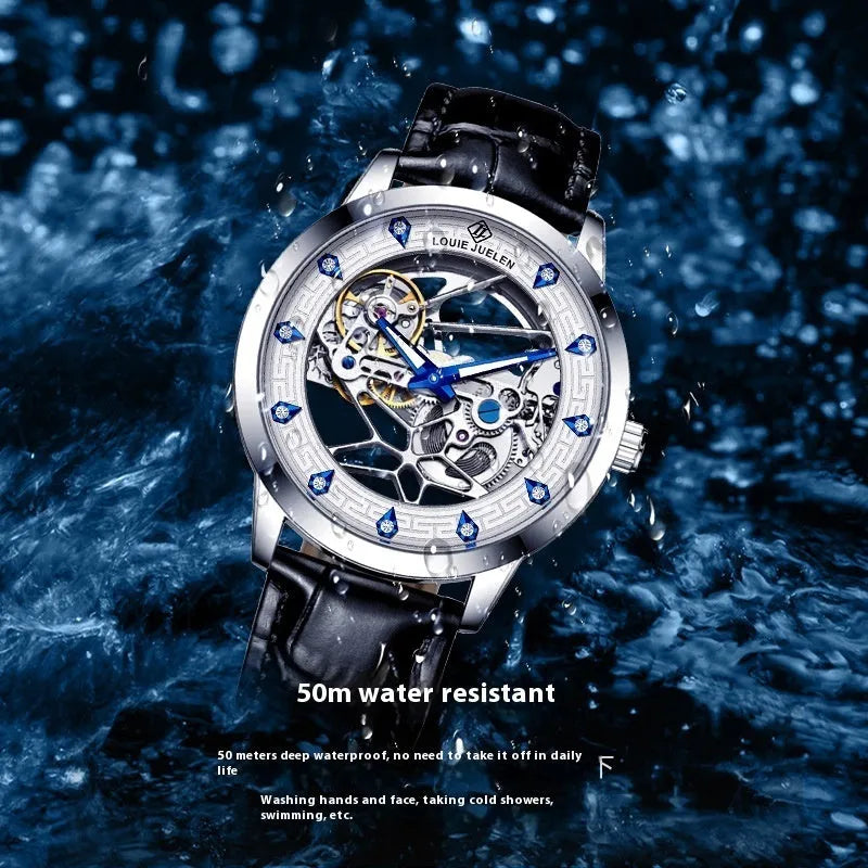 Men's silver case mechanical watch with black leather strap and luminous hands