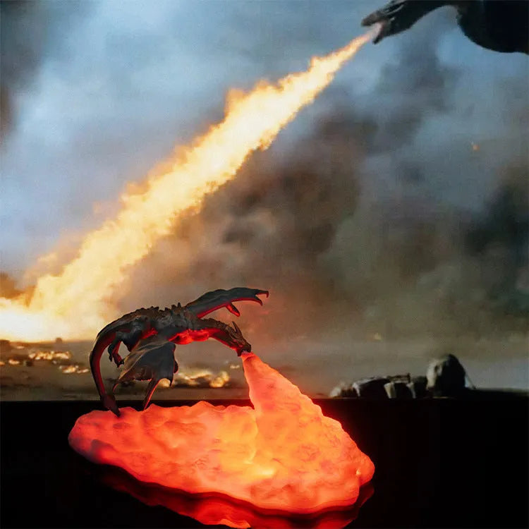 3D printed red dragon decorative night light with glowing effect on a dark surface