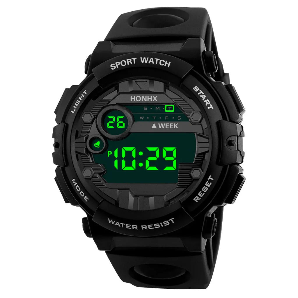 Digital electronic watch for boys and girls with LED display, round resin case, PU strap, black colour option