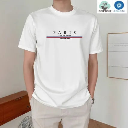 Men's loose fit pure cotton T-shirt featuring a heavy black letter print on a white background.