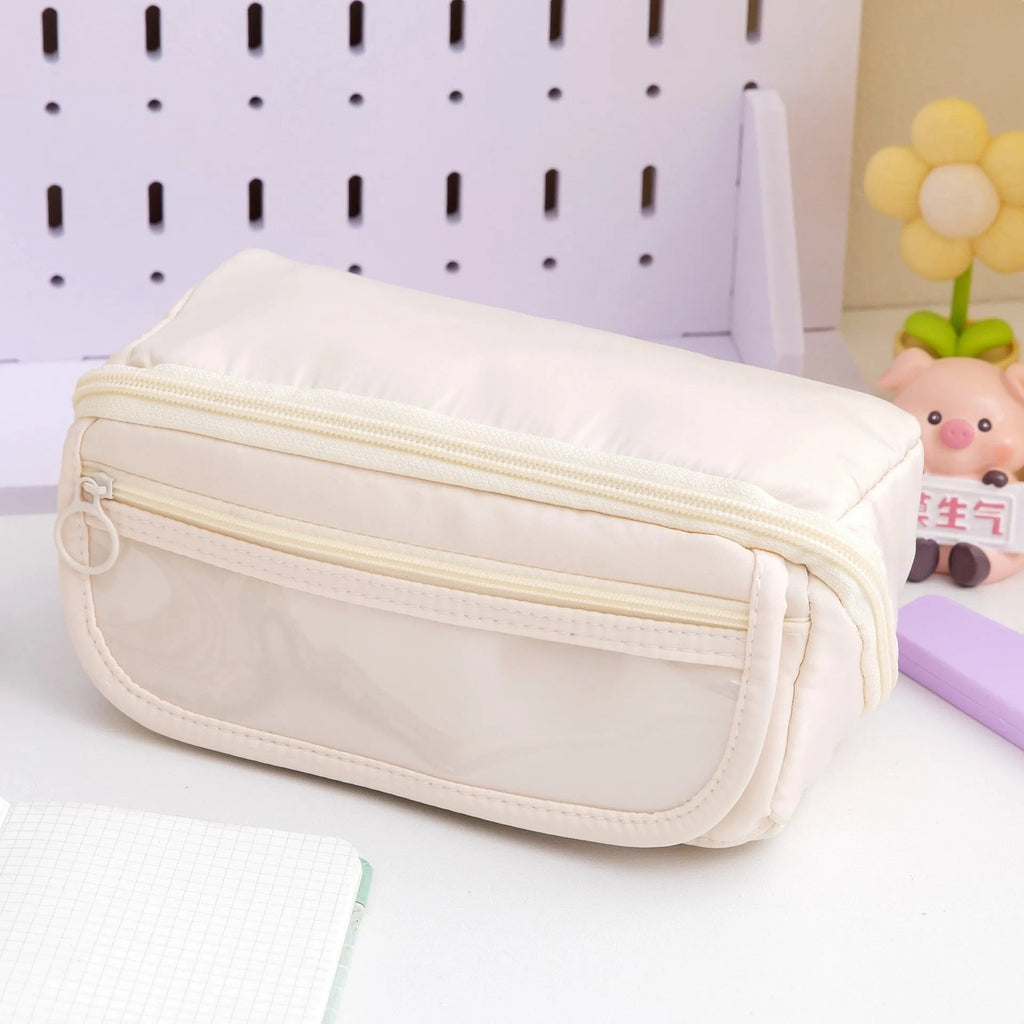 Korean style canvas pencil case with ten-layer flip design showing multiple colour options